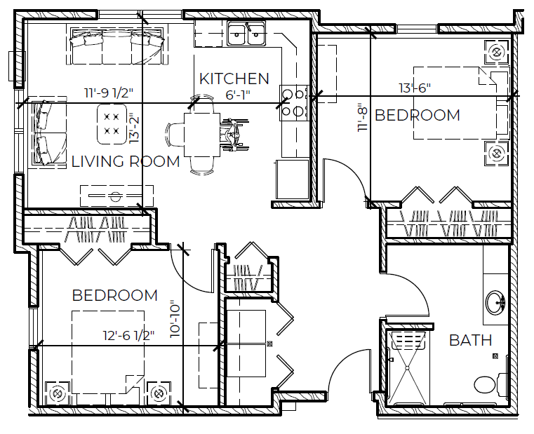 2 Bed, 1 bath floor plan at Milton Earl Apartments. 