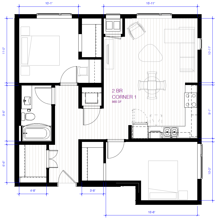 2 bedroom floor plan at Nellie Francis Court in St. Paul, MN.