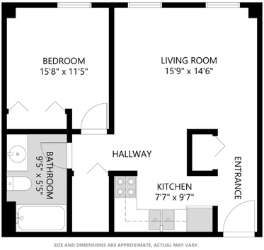 1-Bedroom Floorplan at Jameshouse Apartments located in Jamestown, ND. 