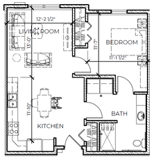 1 Bed, 1 Bath accessible floor plan at Milton Earl Apartments. 