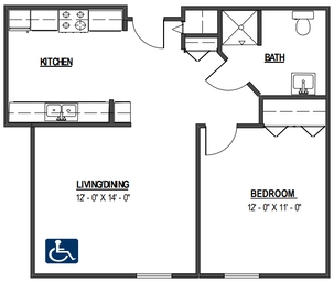 1 Bedroom floorplan (handicap accessible) at Park Place 1 Apartments. 