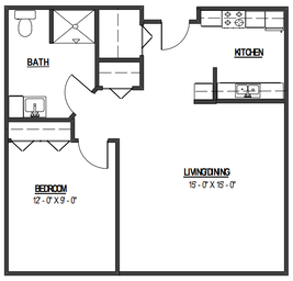 1 Bedroom floorplan at Park Place 1 Apartments. 