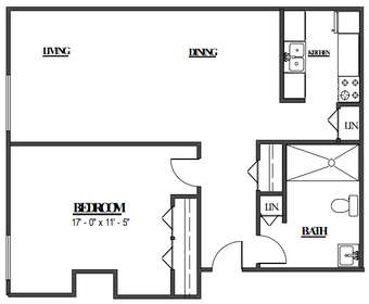 1 bedroom floor plan at Opera House Apartments. 