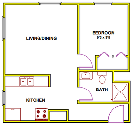 1 bed, 1 bath floorplan at Posthouse Apartments. 