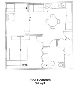 1 bedroom floorplan at Heritage Acres. 