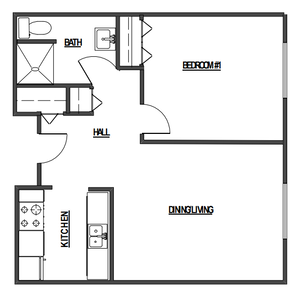 1 bedroom floorplan at Park Place 2 apartments.