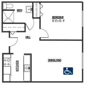1 bedroom floorplan handicap accessible unit at Park Place 2 apartments.