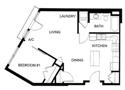 1 bedroom, 1 bathroom floor plan at Vantage Flats. 