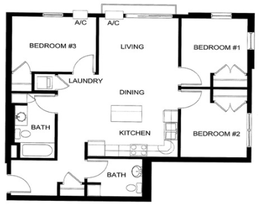3 bedroom, 1.5 bathroom floor plan at Vantage Flats. 